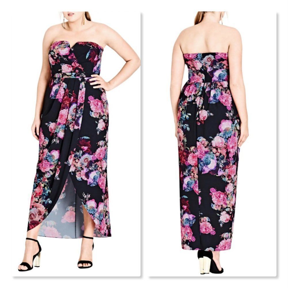 City Chic 'Romantic Rose' Floral Strapless Maxi Dress - size 14 in Black/Pink